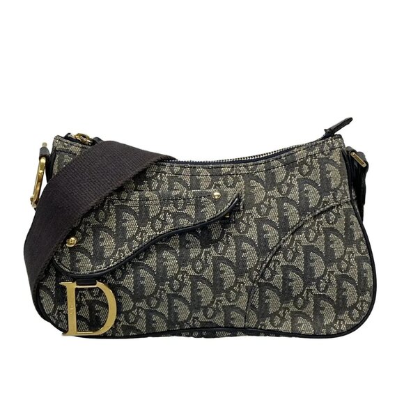 Auth DIOR/ChristianDior Double Saddle Bag - Cream Black Navy Jacquard Leather - Picture 1 of 16